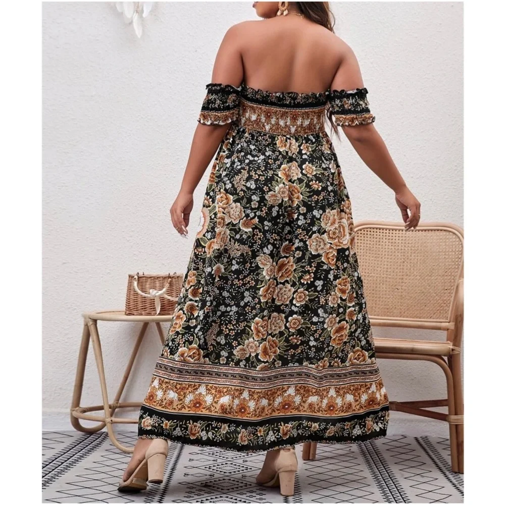Boho Plus Floral Print Off Shoulder Maxi Dress - Picture 2 of 8